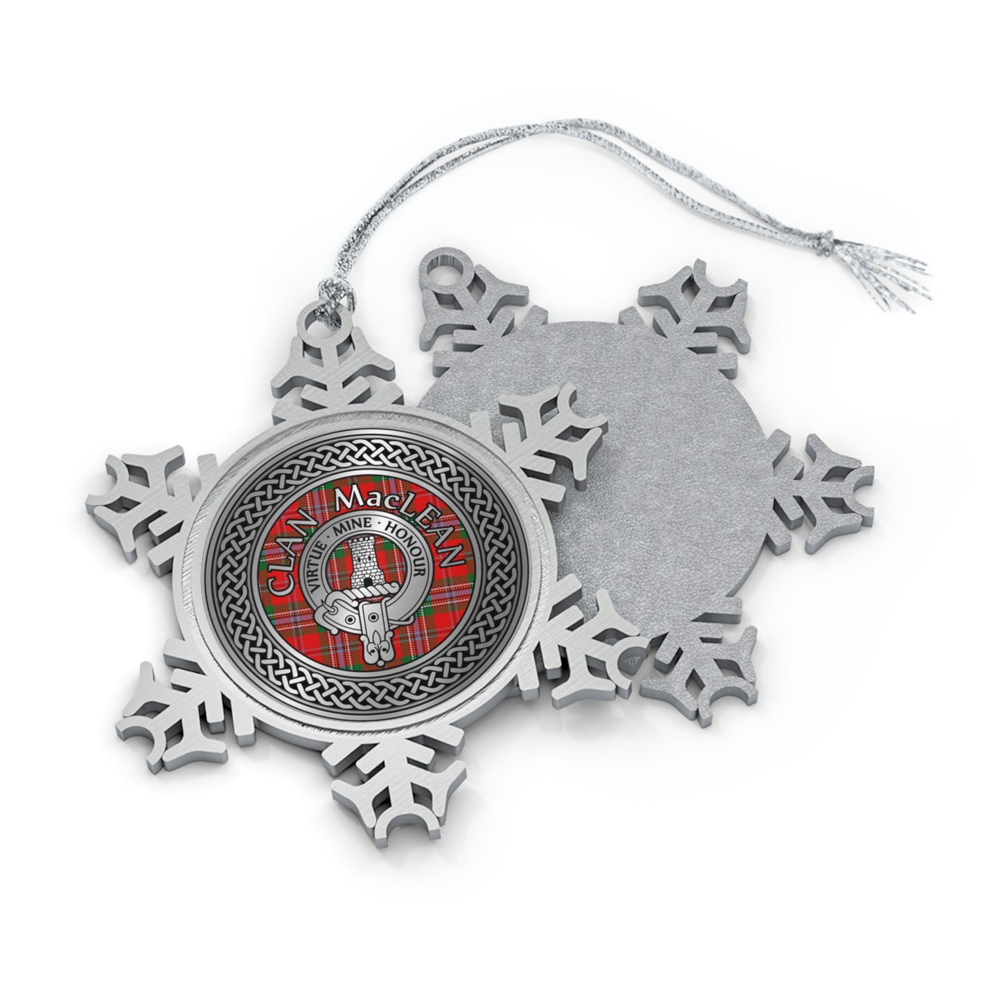 Clan MacLean Crest & Tartan Knot Pewter Snowflake Ornament