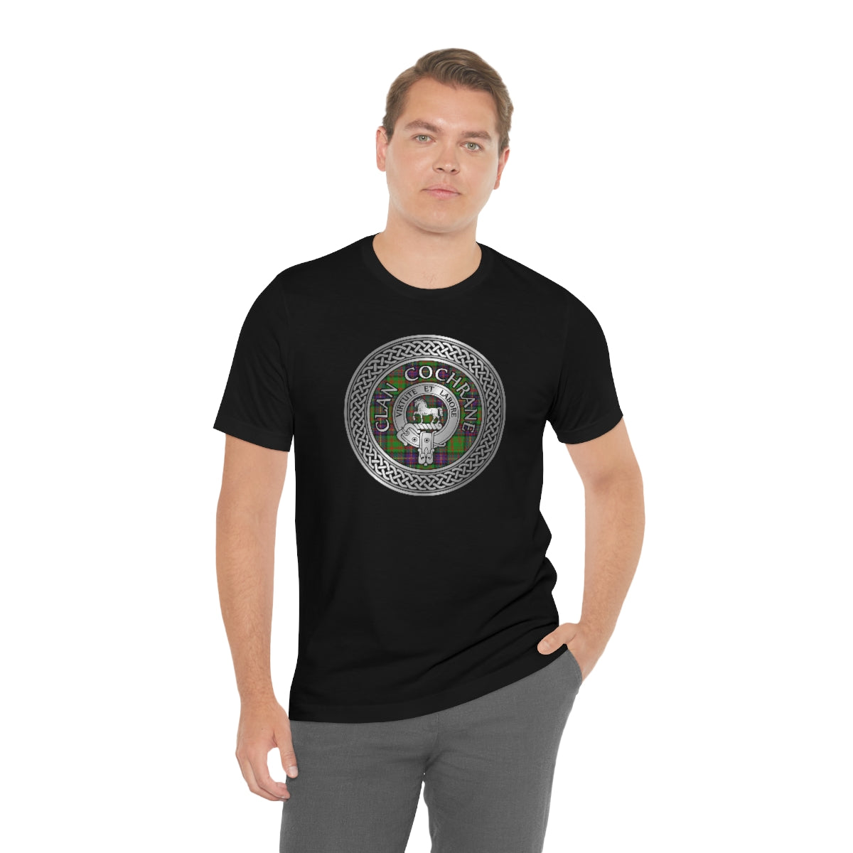 Clan Cochrane Crest & Tartan in Celtic Knot T-Shirt