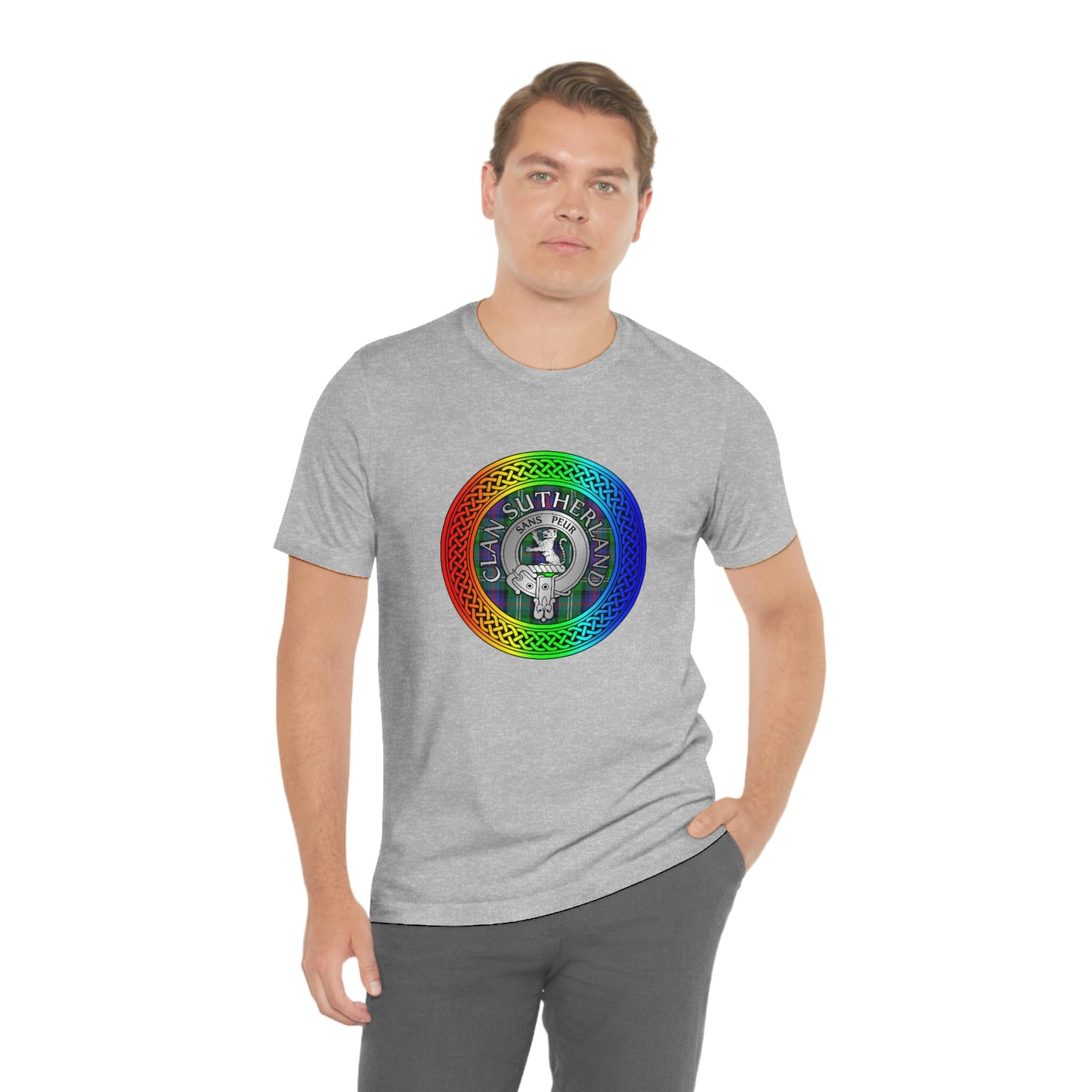 Clan Sutherland Crest & Tartan in Rainbow Knot T-Shirt