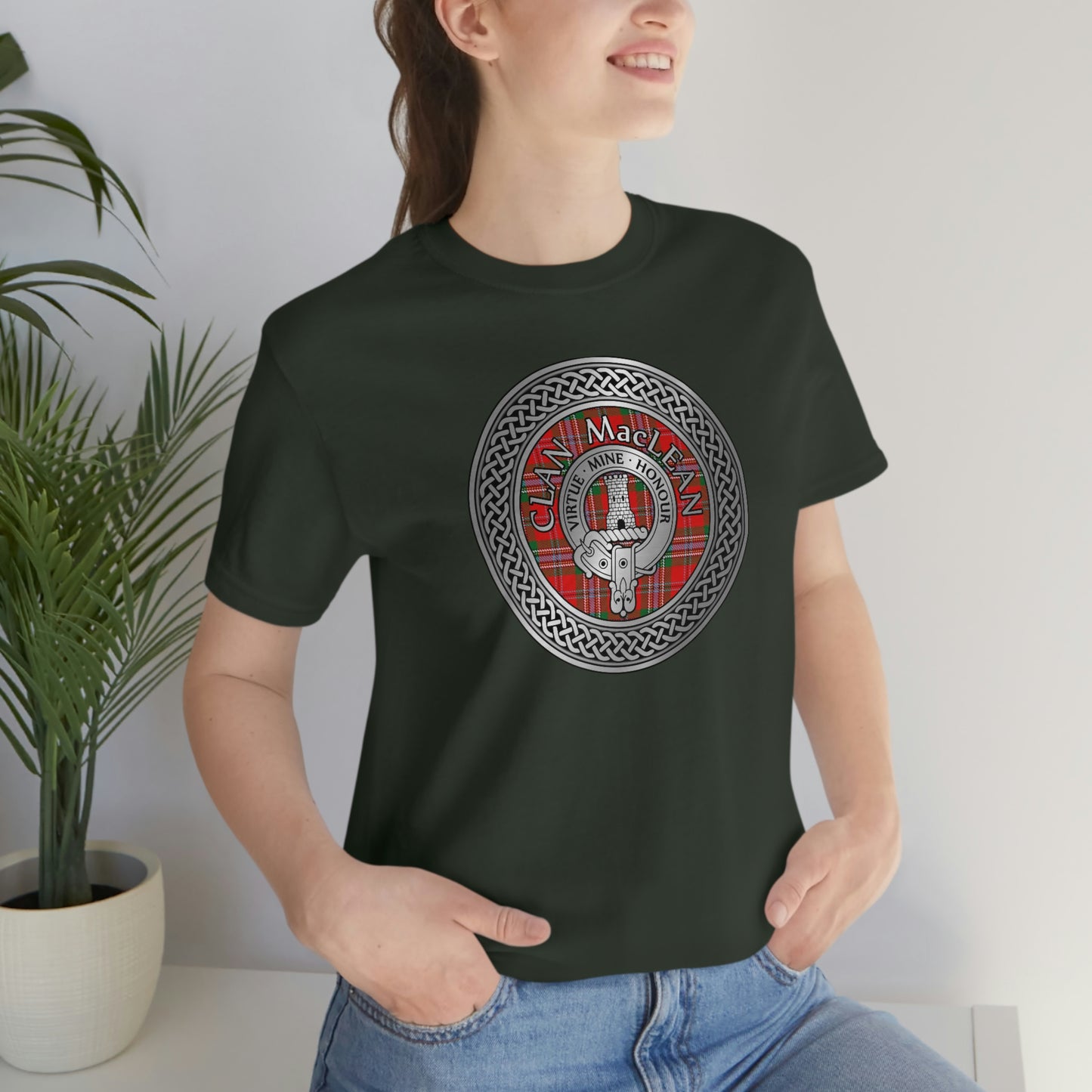 Clan MacLean Tartan & Crest in Celtic Knot T-Shirt