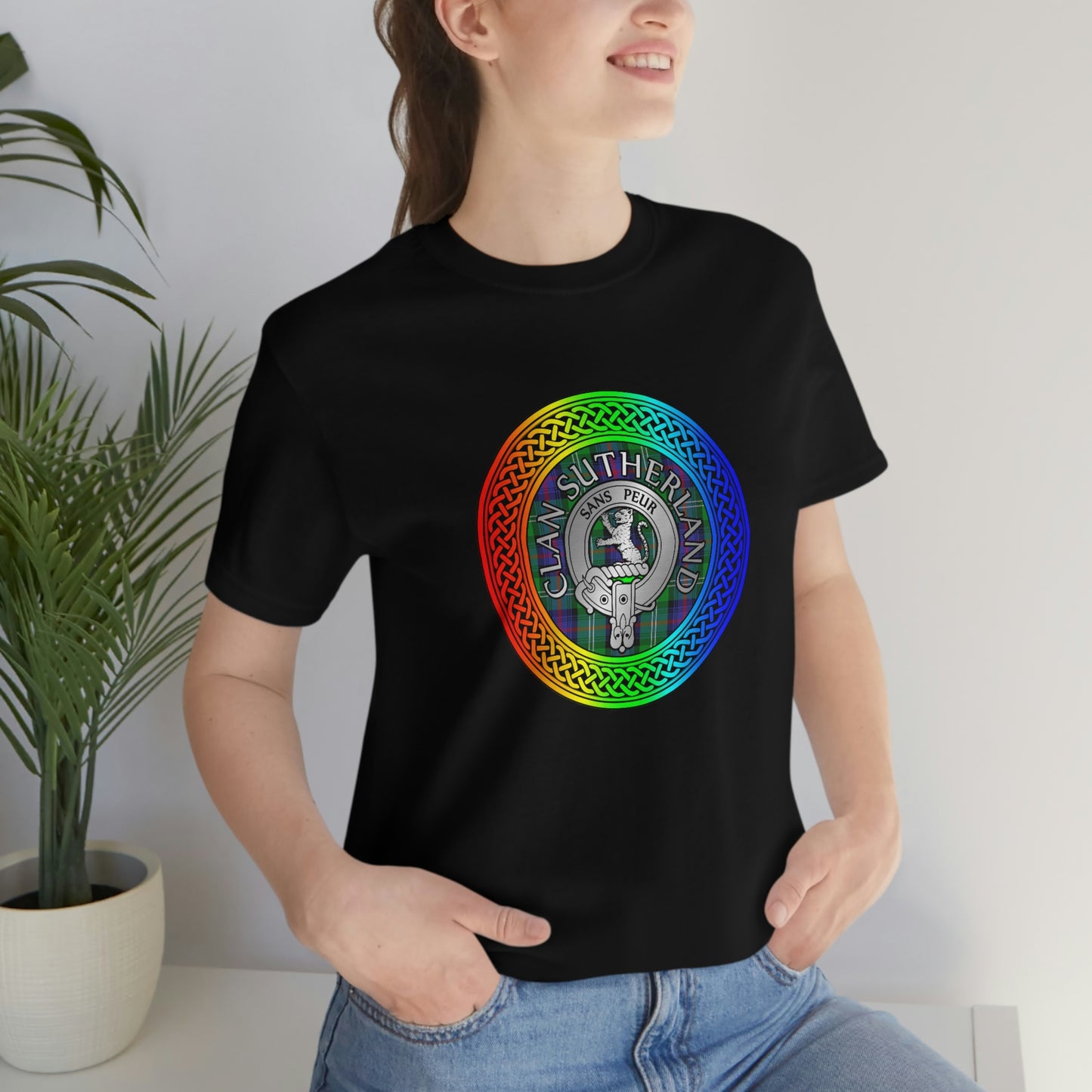 Clan Sutherland Crest & Tartan in Rainbow Knot T-Shirt