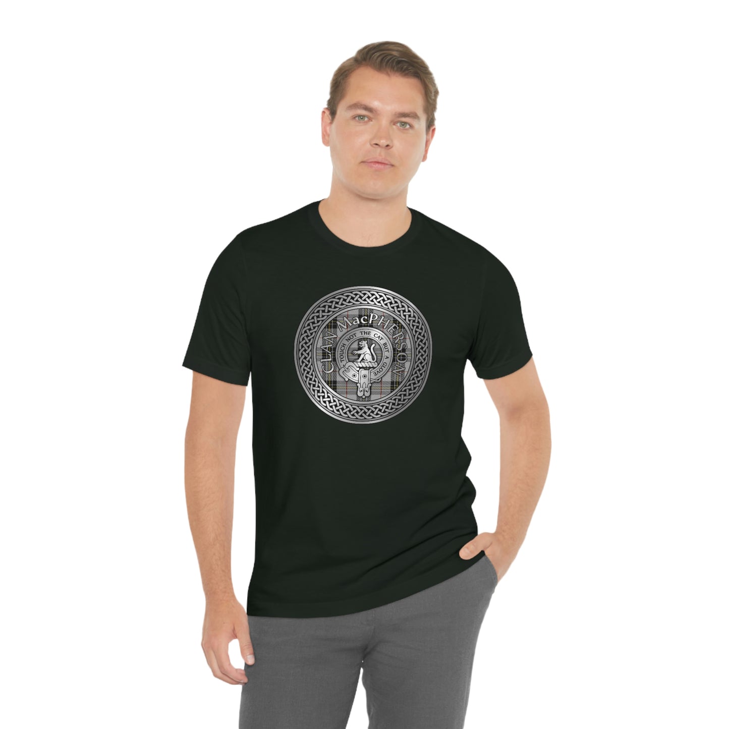 Clan MacPherson Tartan & Crest in Celtic Knot T-Shirt