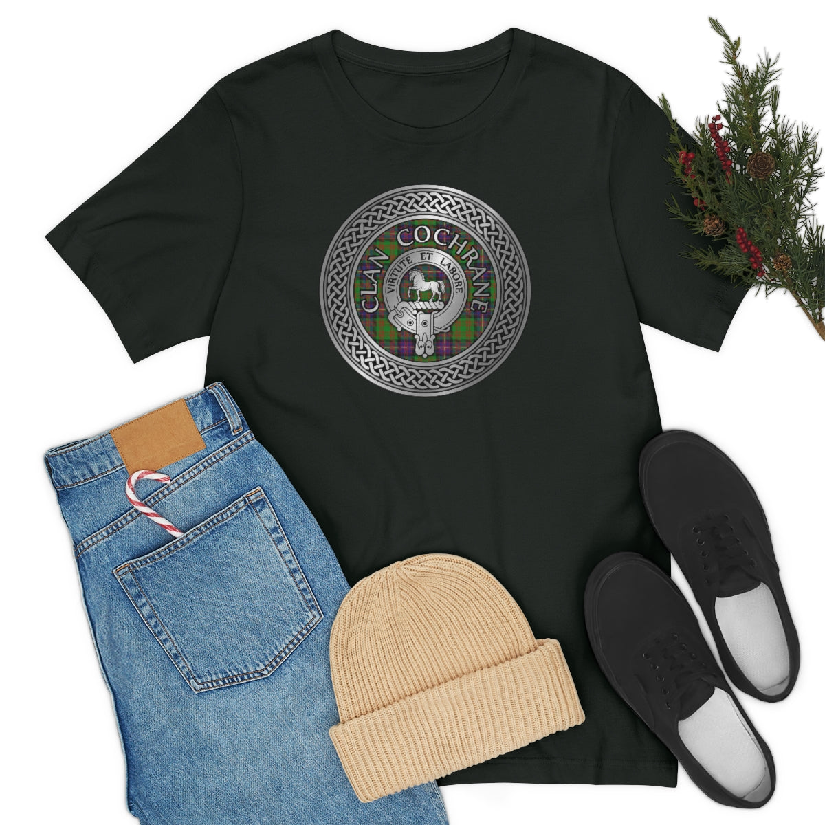 Clan Cochrane Crest & Tartan in Celtic Knot T-Shirt