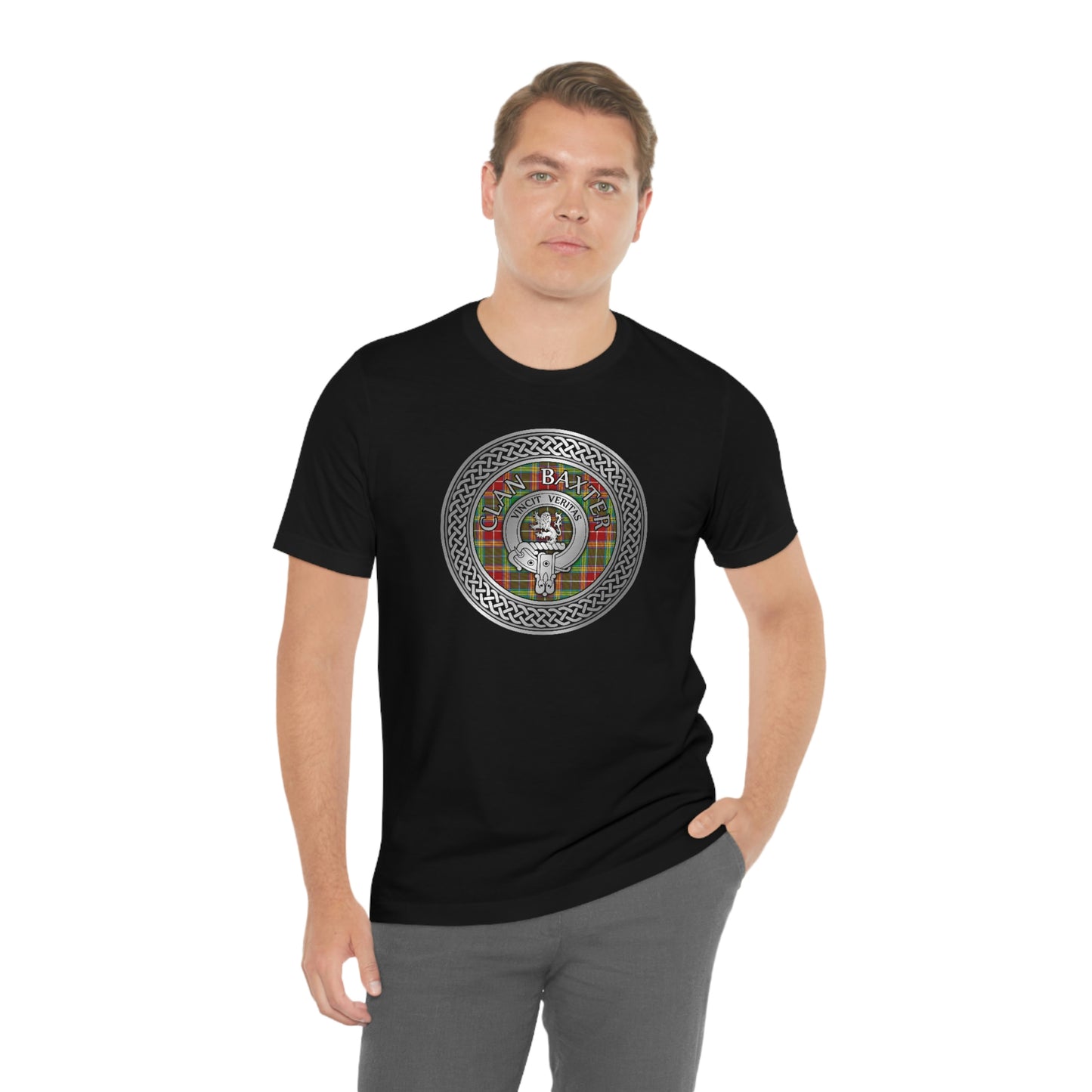 Clan Baxter Tartan & Crest in Celtic Knot T-Shirt