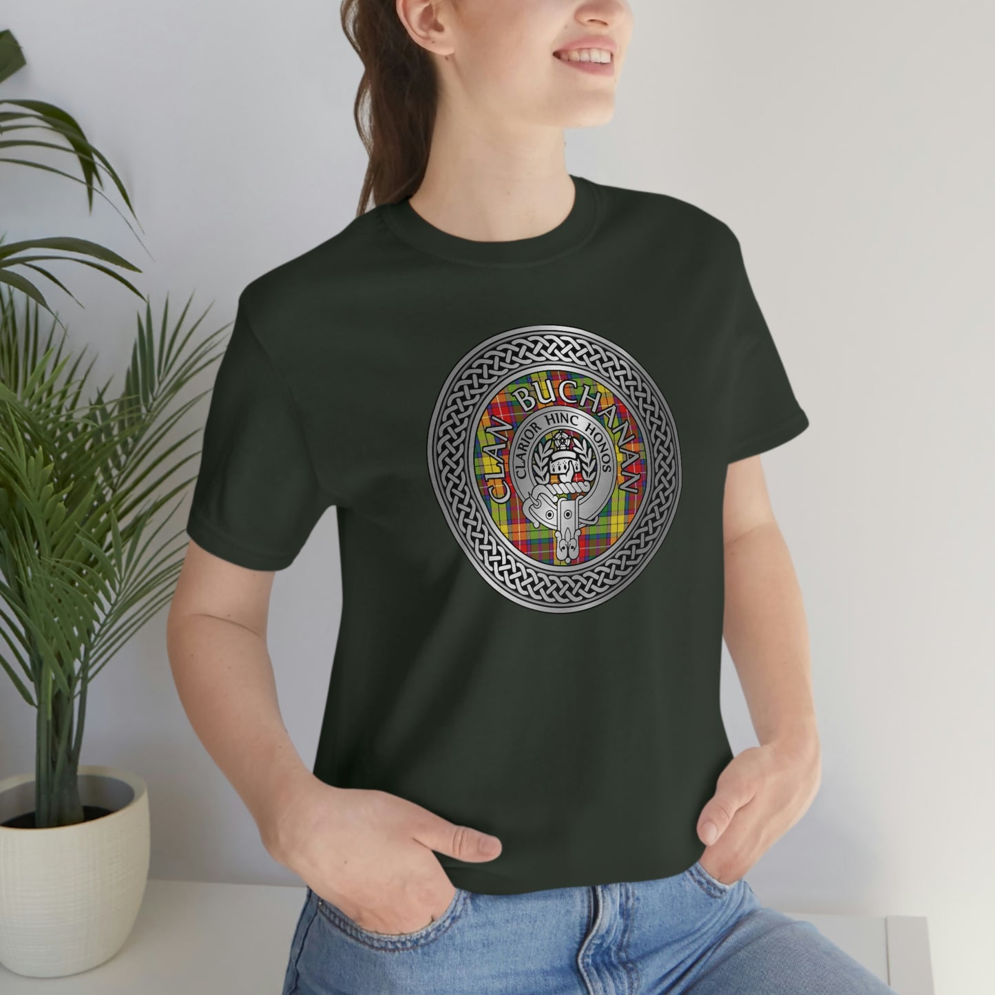 Clan Buchanan Tartan & Crest in Celtic Knot T-Shirt