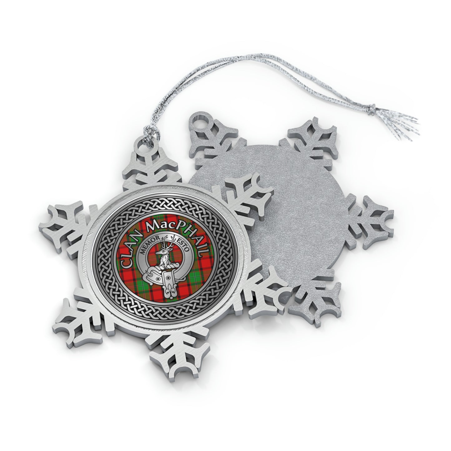 Clan MacPhail Crest & Tartan Knot Pewter Snowflake Ornament (AU/NZ only)