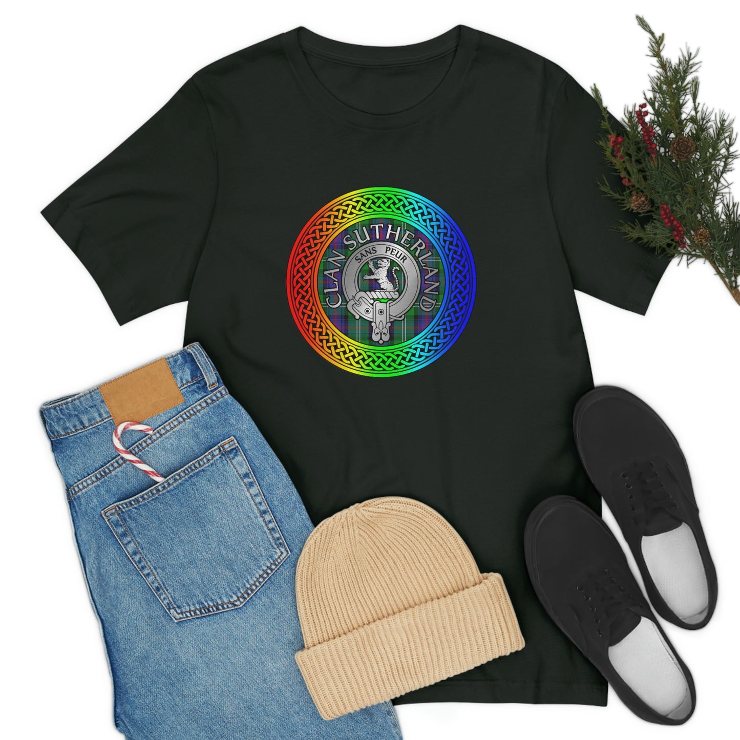 Clan Sutherland Crest & Tartan in Rainbow Knot T-Shirt