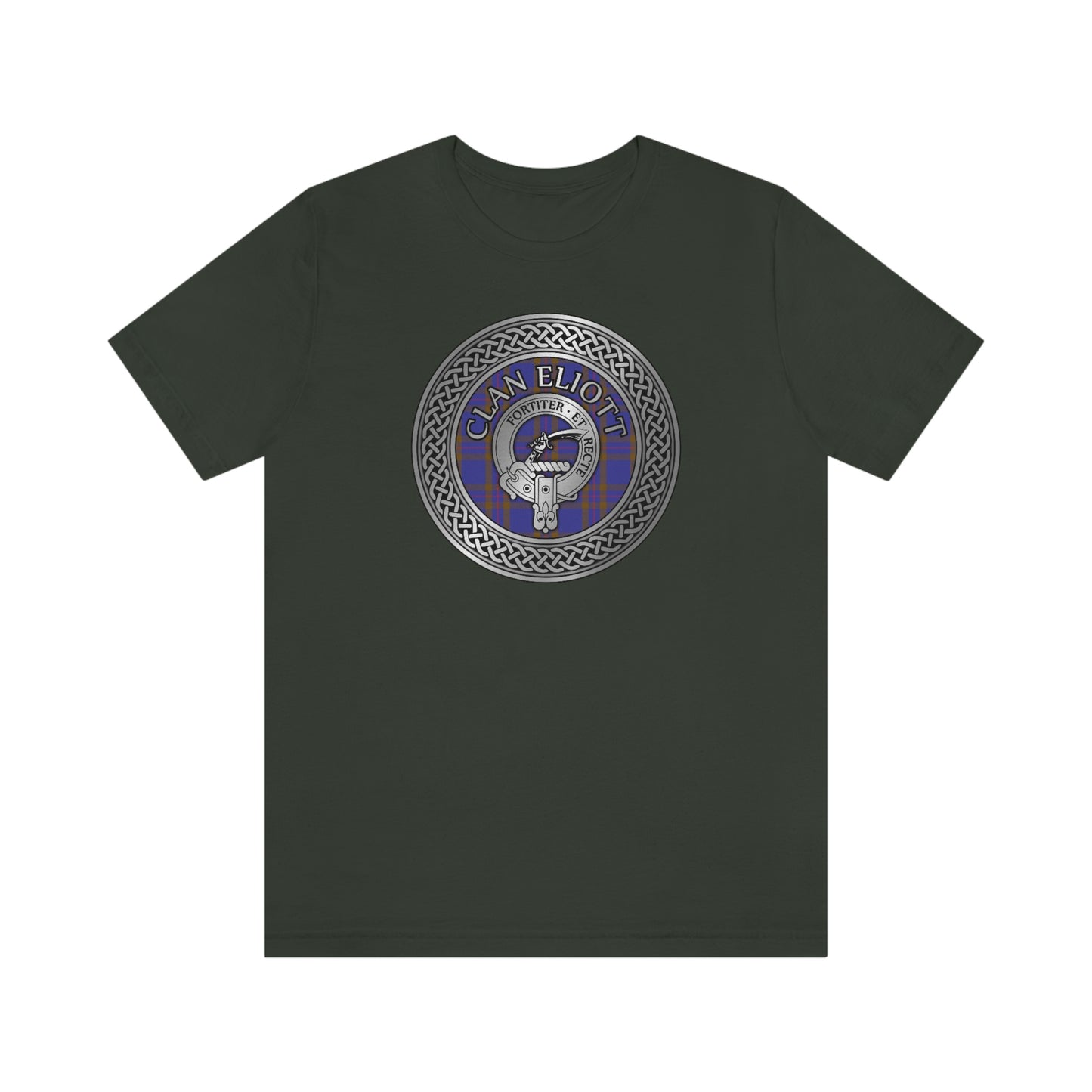 Clan Eliott Tartan & Crest in Celtic Knot T-Shirt