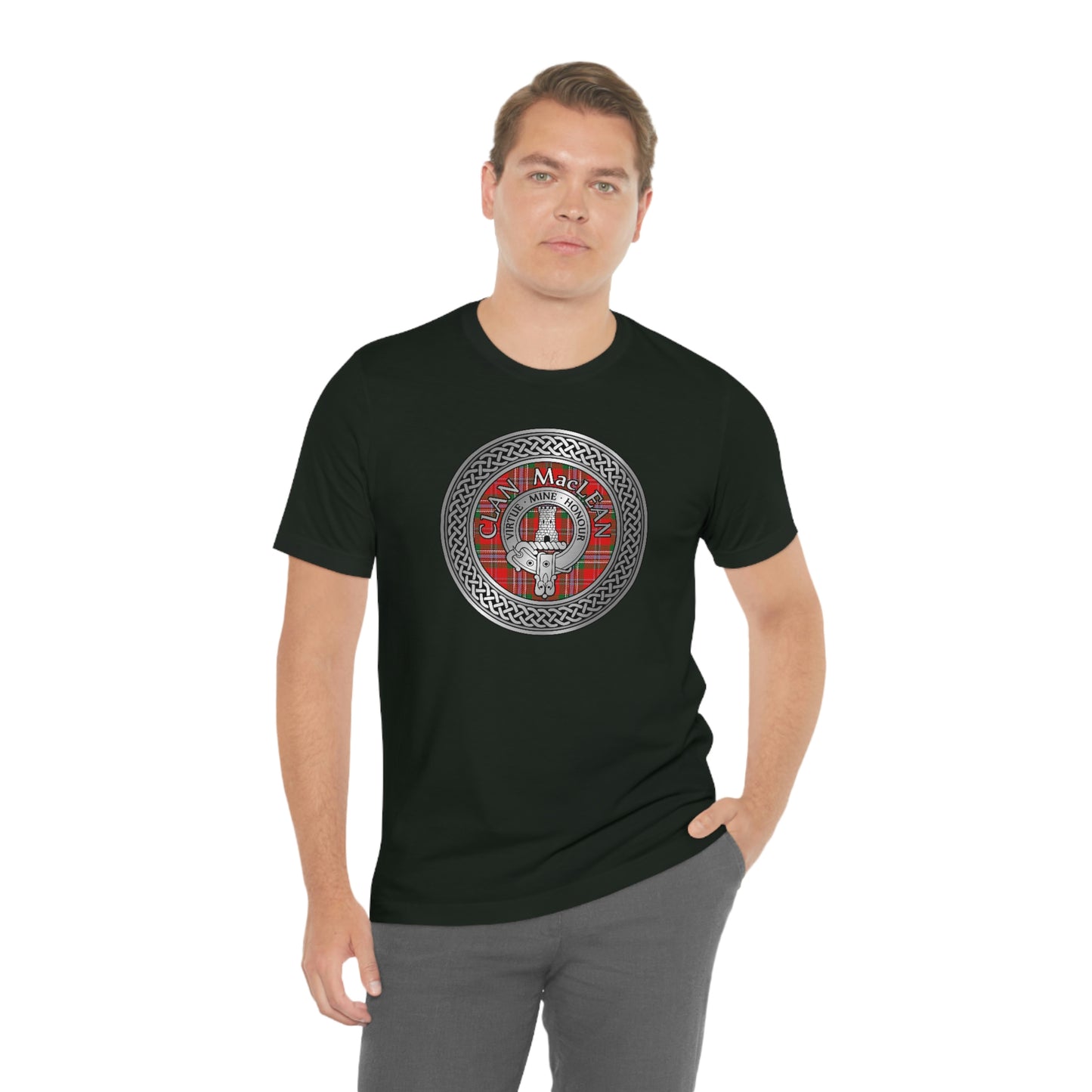 Clan MacLean Tartan & Crest in Celtic Knot T-Shirt