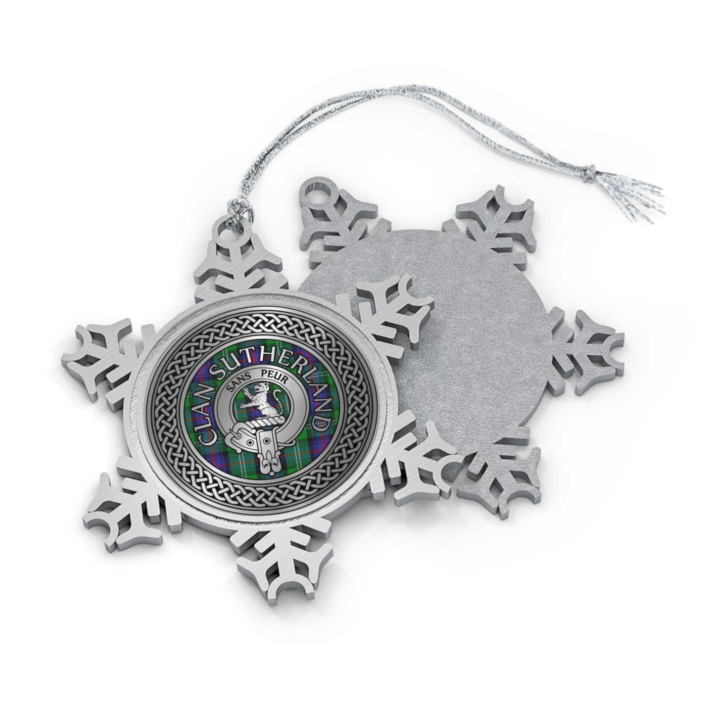 Clan Sutherland Crest & Tartan Knot Pewter Snowflake Ornament