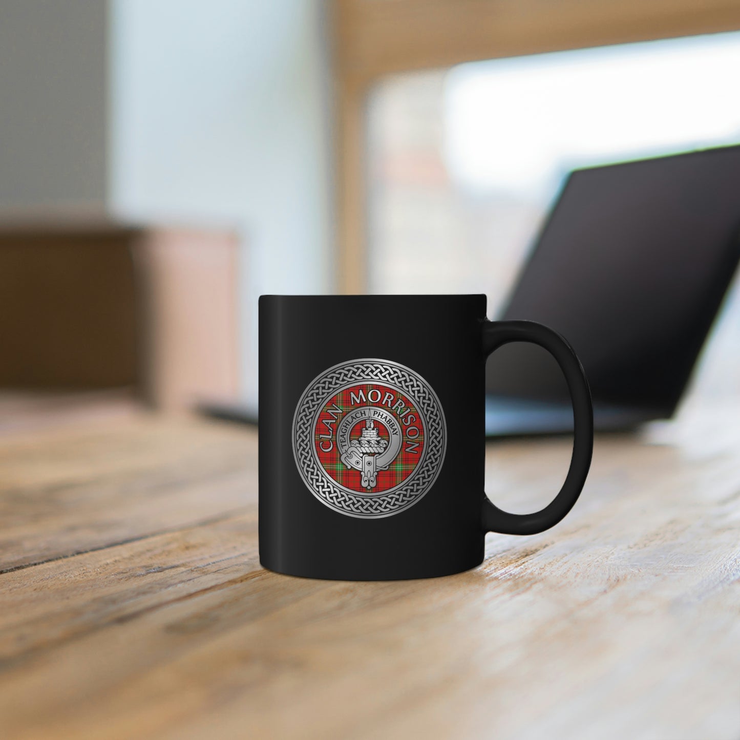 Clan Morrison Crest & Tartan 11oz Black Mug