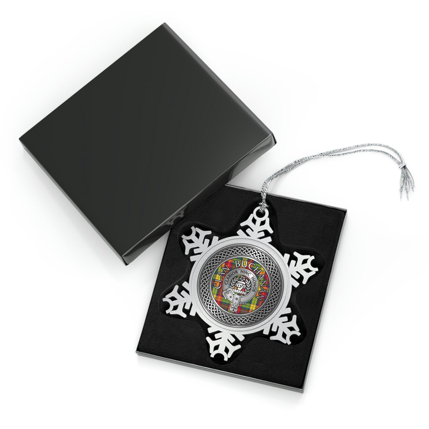 Clan Buchanan Crest & Tartan Knot Pewter Snowflake Ornament