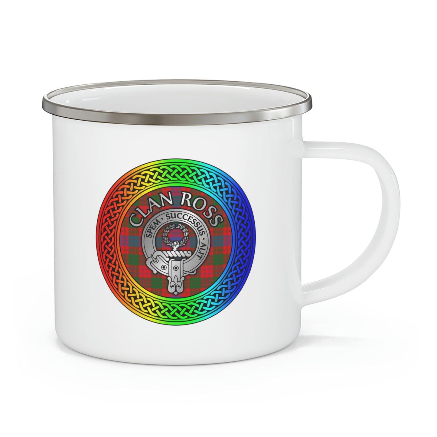 Clan Ross Crest & Tartan Rainbow Knot Enamel Camping Mug