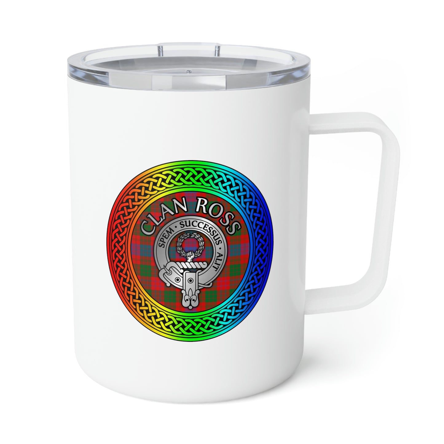 Clan Ross Crest & Tartan Rainbow Knot Insulated Coffee Mug, 10oz