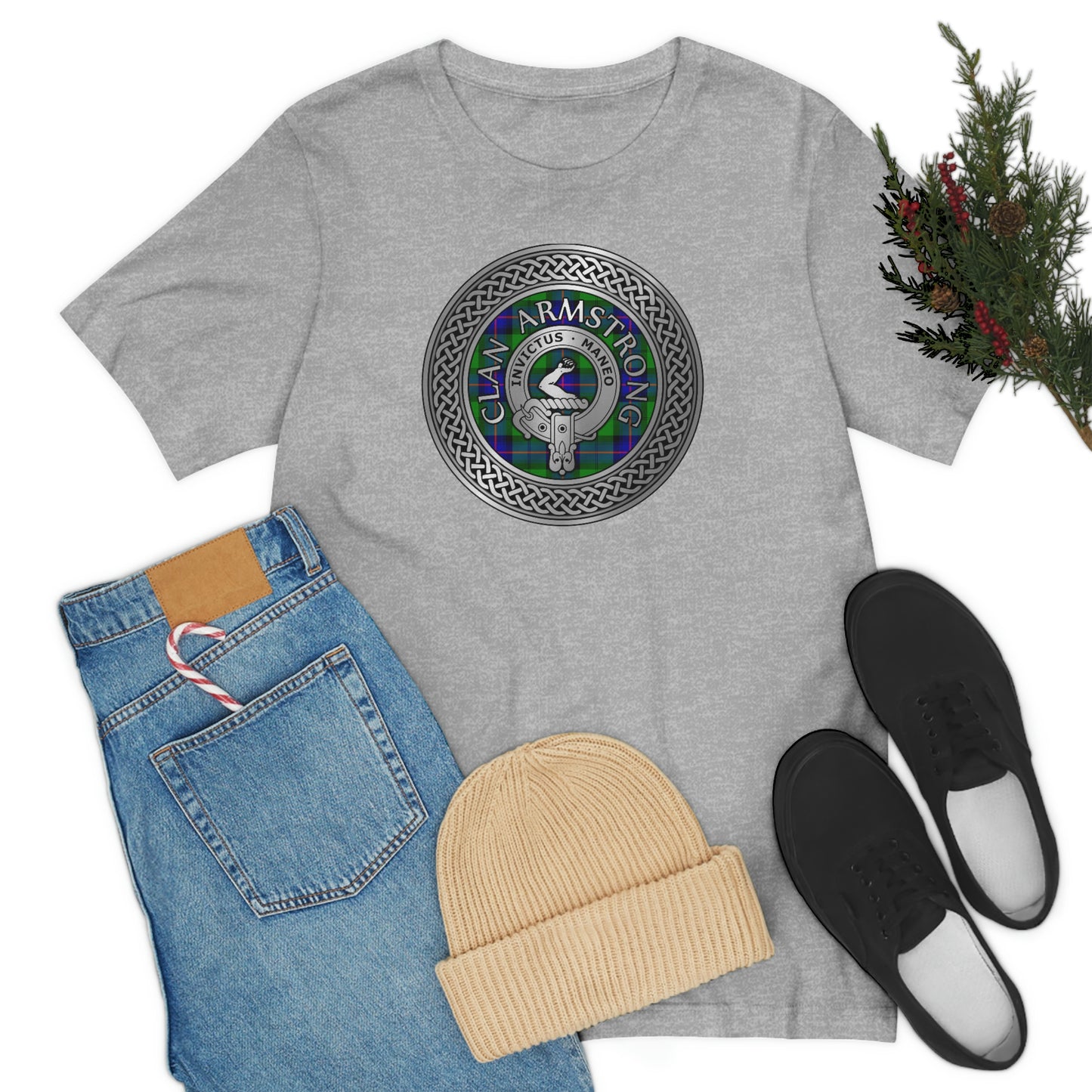 Clan Armstrong Tartan & Crest in Celtic Knot T-Shirt