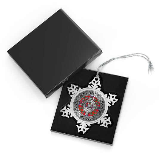 Clan Sinclair Crest & Tartan Knot Pewter Snowflake Ornament