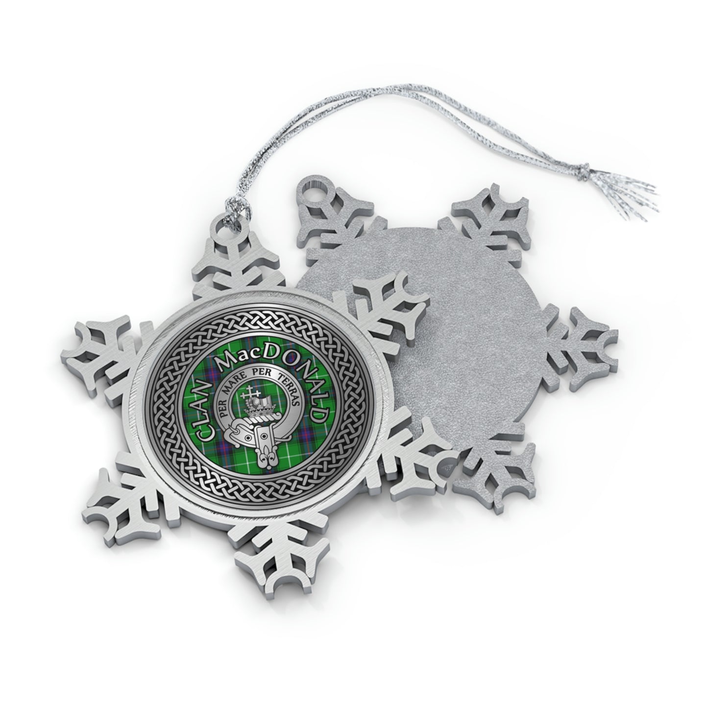 Clan MacDonald Crest & Tartan Knot Pewter Snowflake Ornament