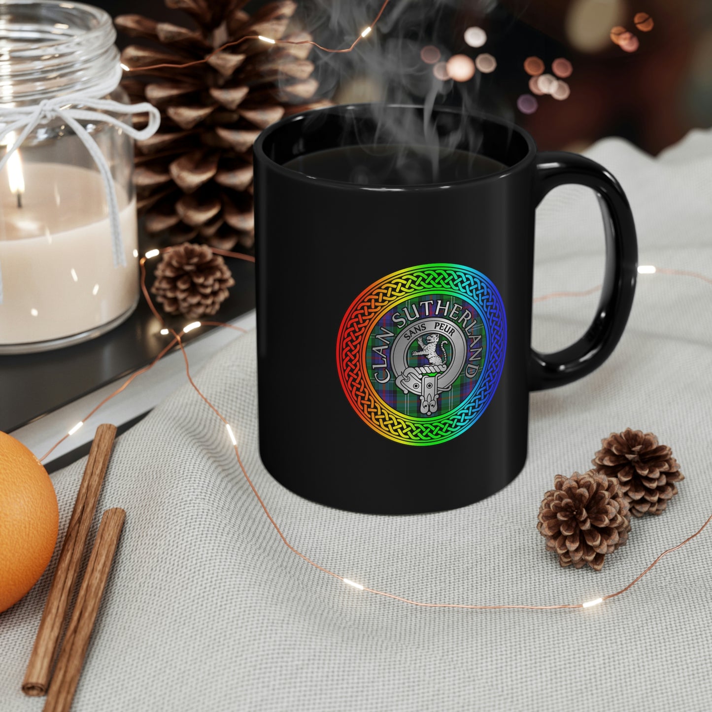 Clan Sutherland Rainbow Crest & Tartan 11oz Black Mug