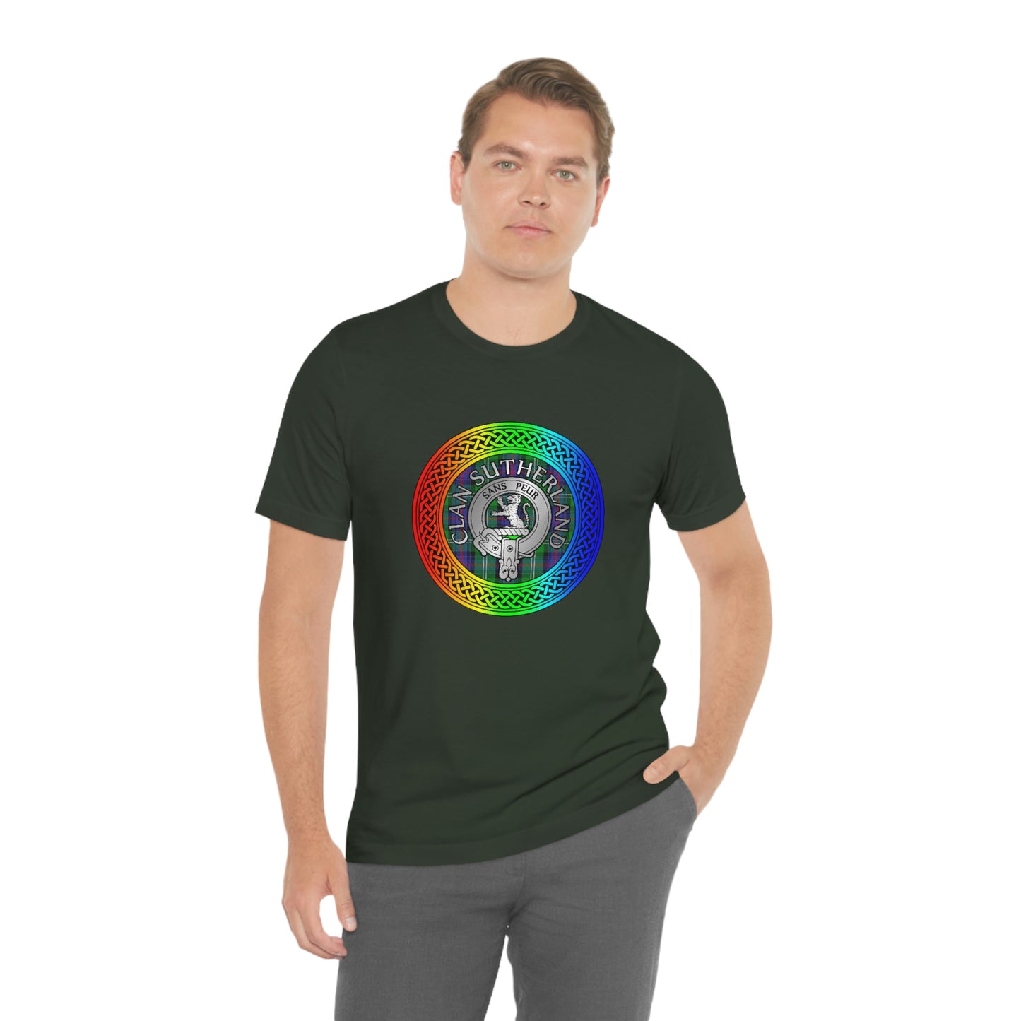 Clan Sutherland Crest & Tartan in Rainbow Knot T-Shirt