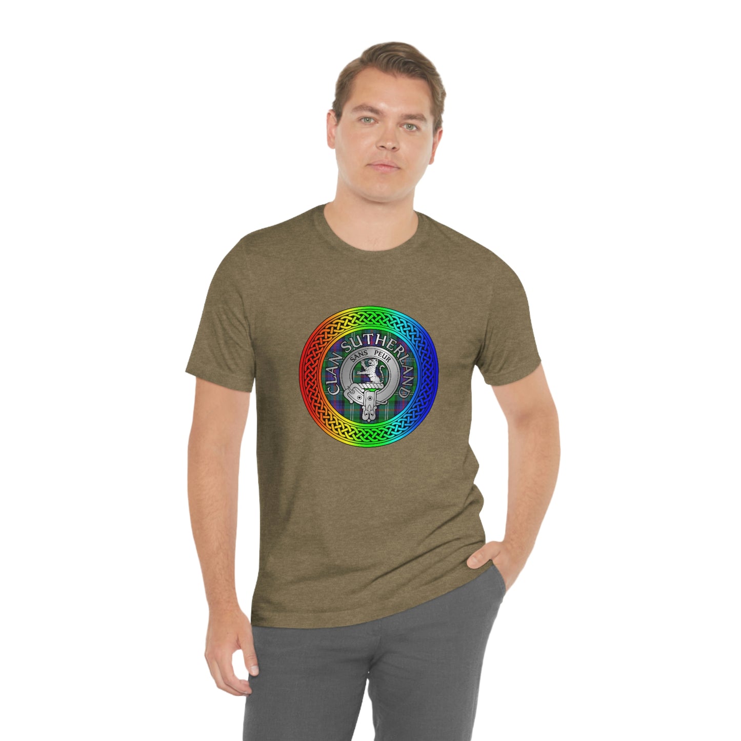 Clan Sutherland Crest & Tartan in Rainbow Knot T-Shirt