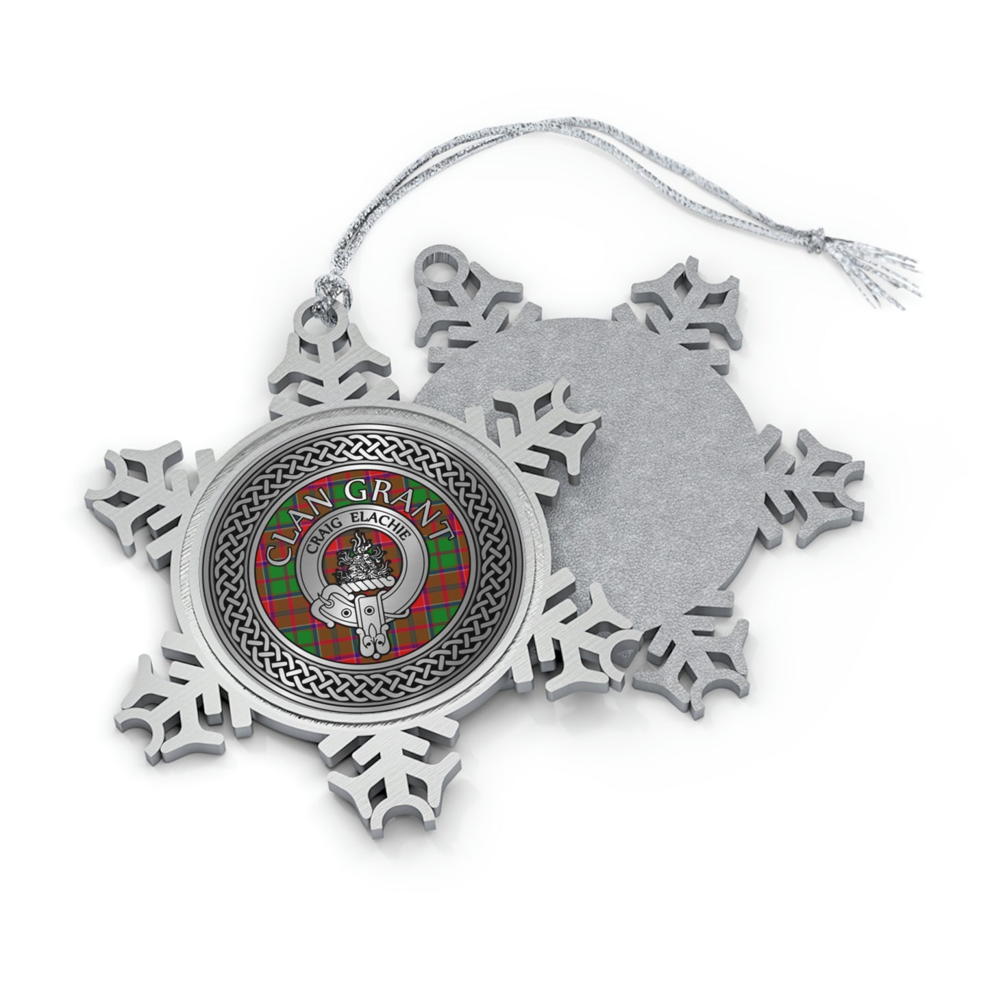 Clan Grant Crest & Tartan Knot Pewter Snowflake Ornament