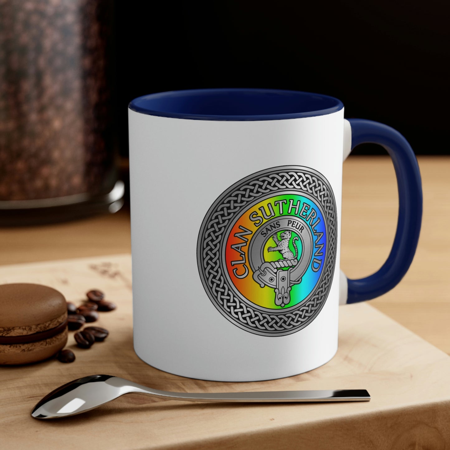 Clan Sutherland Rainbow Crest & Tartan Accent Coffee Mug, 11oz