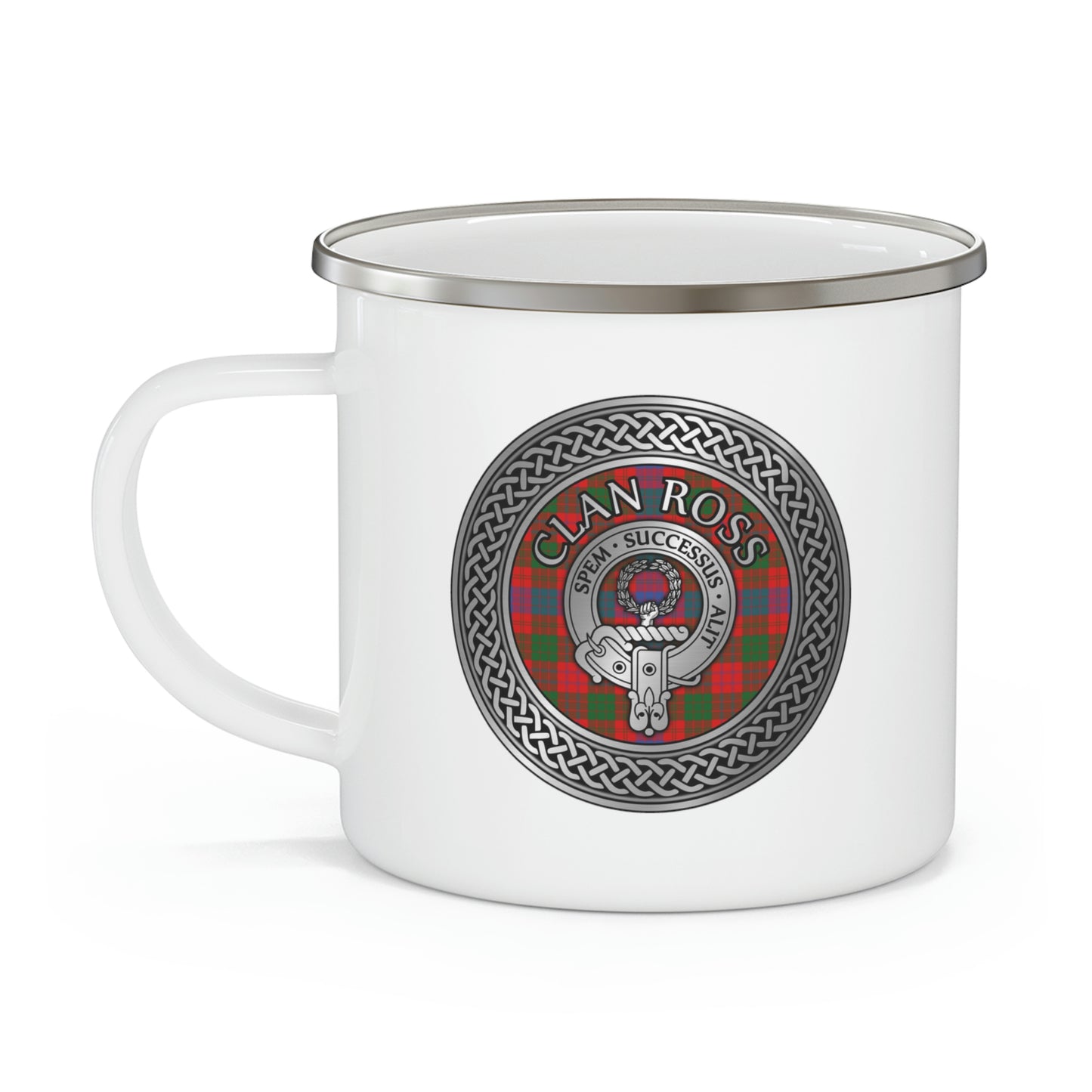 Clan Ross Crest & Tartan Knot Enamel Camping Mug