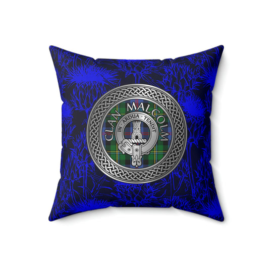 Clan Malcolm Crest & Tartan Knot Spun Polyester Square Pillow