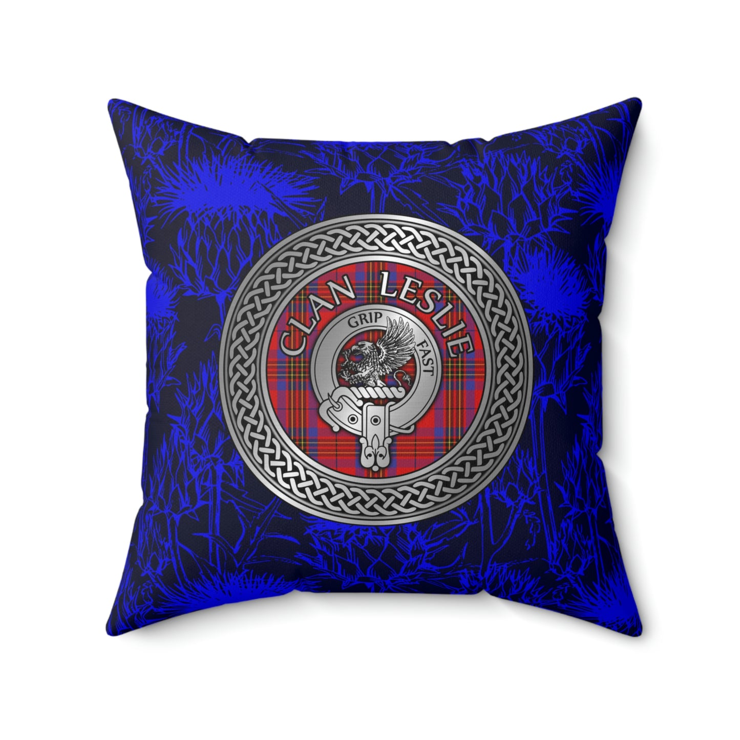 Clan Leslie Crest & Tartan Knot Spun Polyester Square Pillow