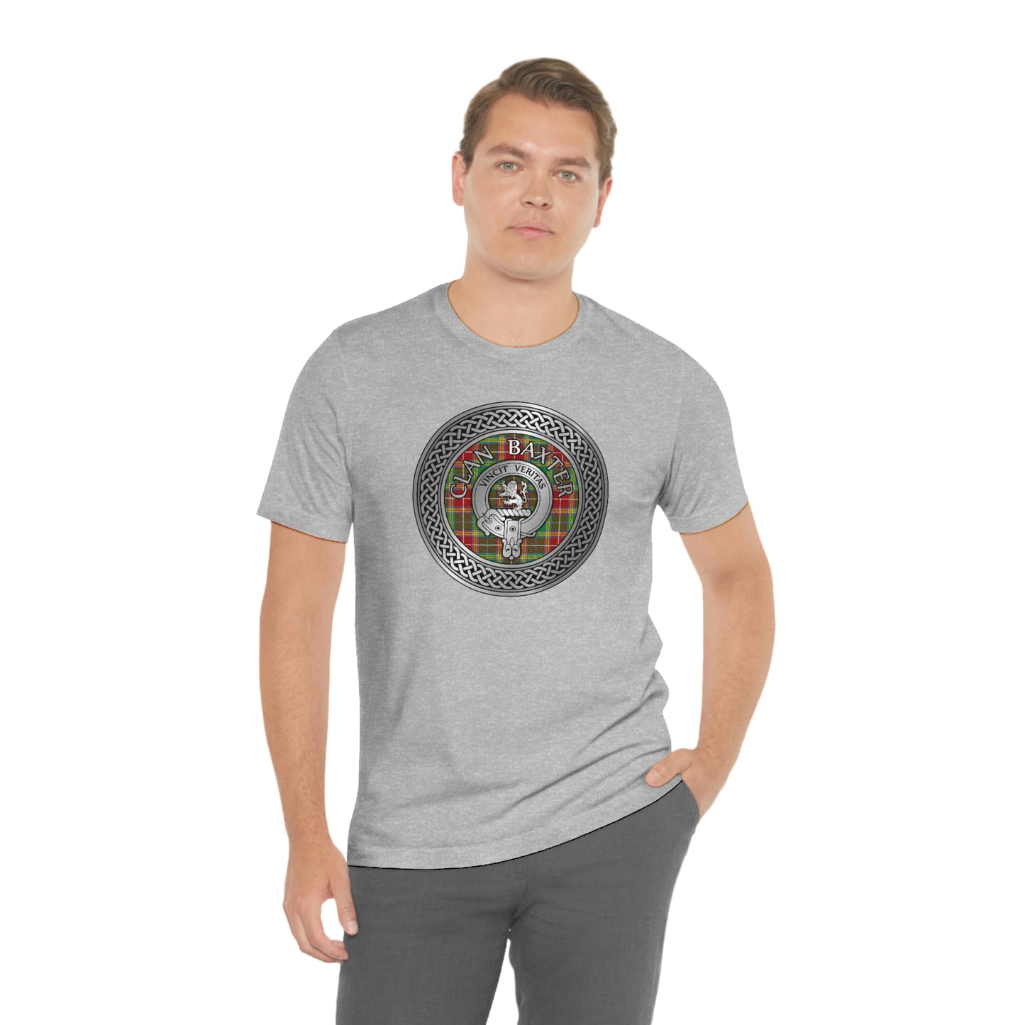 Clan Baxter Tartan & Crest in Celtic Knot T-Shirt