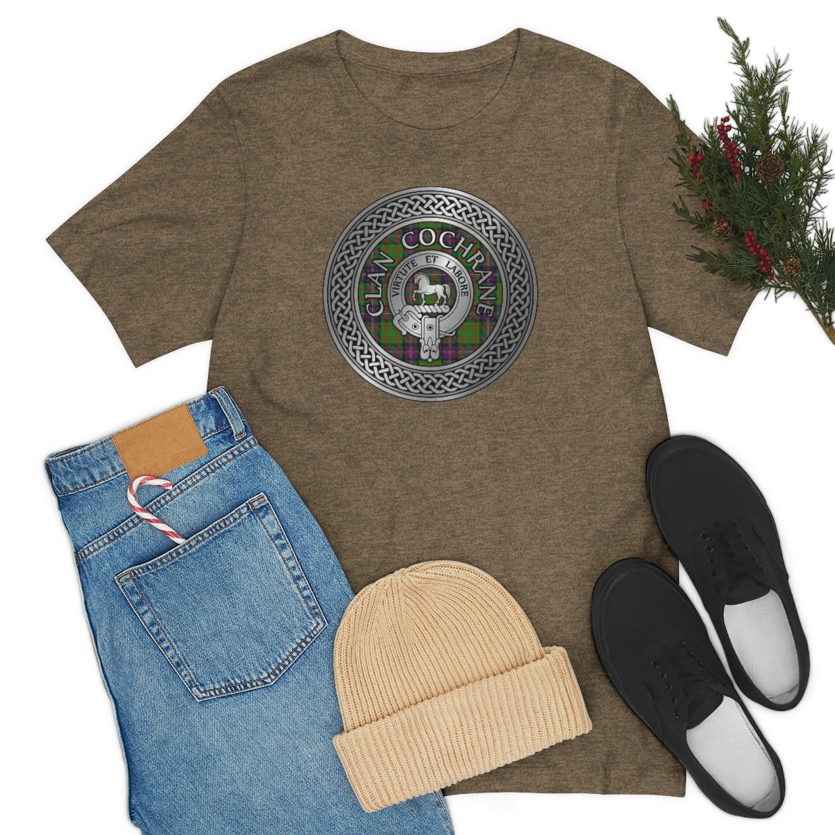 Clan Cochrane Crest & Tartan in Celtic Knot T-Shirt