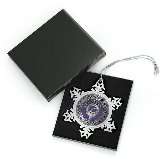 Clan Eliott Crest & Tartan Knot Pewter Snowflake Ornament
