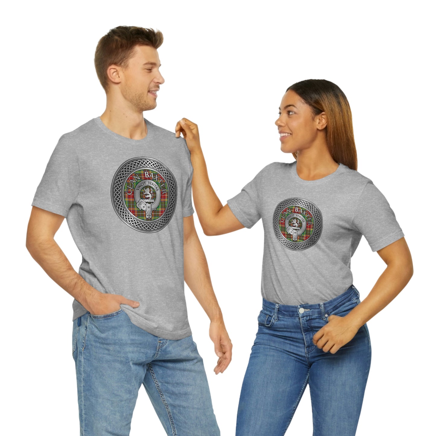 Clan Baxter Tartan & Crest in Celtic Knot T-Shirt