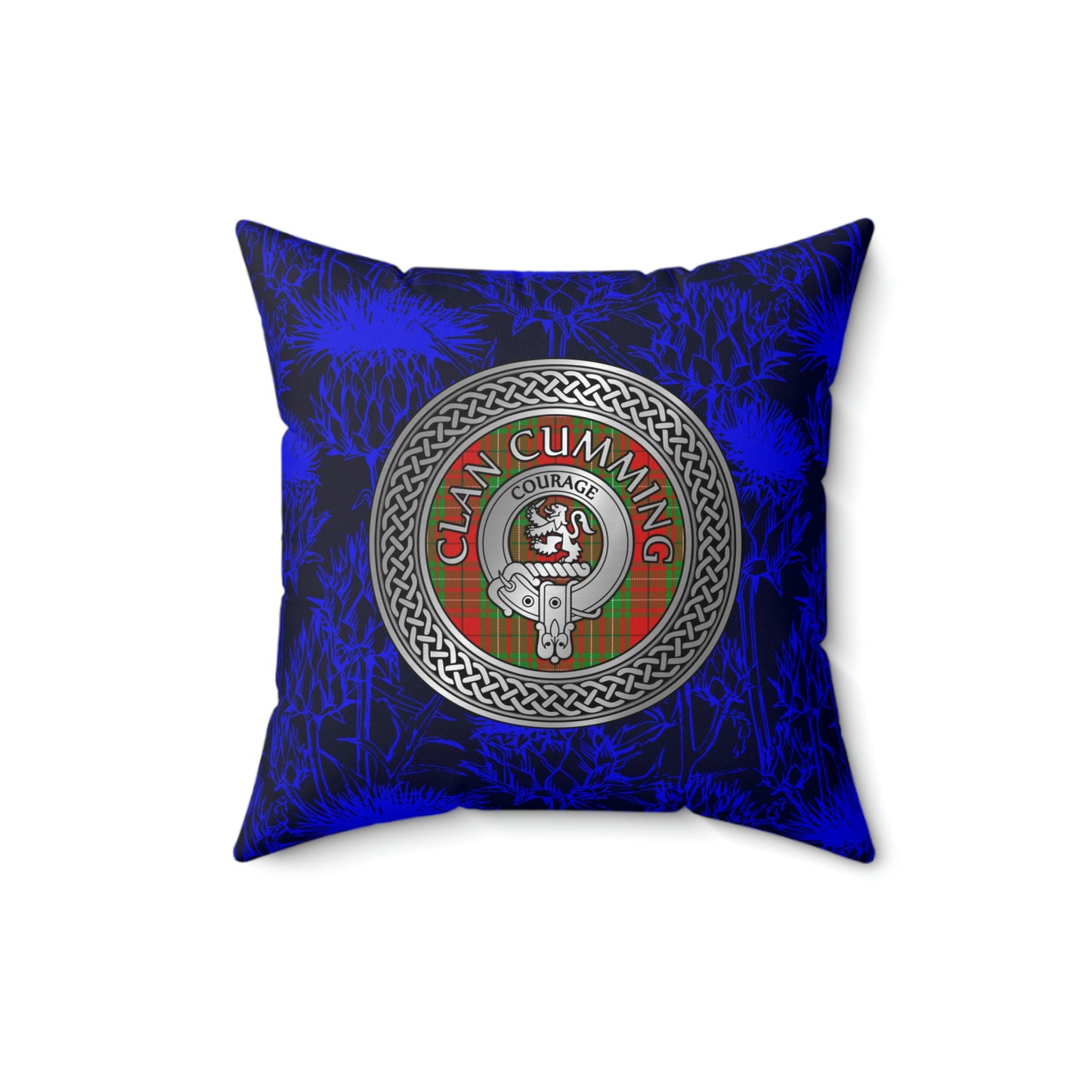 Clan Cumming Crest & Tartan Knot Spun Polyester Square Pillow