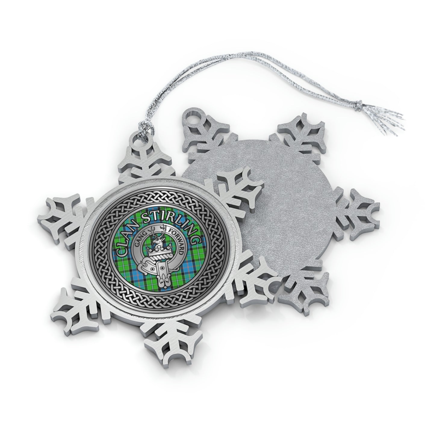 Clan Stirling Crest & Tartan Knot Pewter Snowflake Ornament