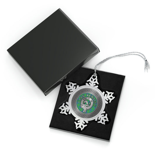 Clan Kennedy Crest & Tartan Knot Pewter Snowflake Ornament