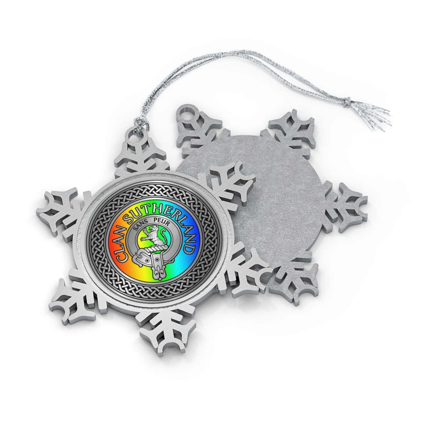 Clan Sutherland Crest & Rainbow Knot Pewter Snowflake Ornament