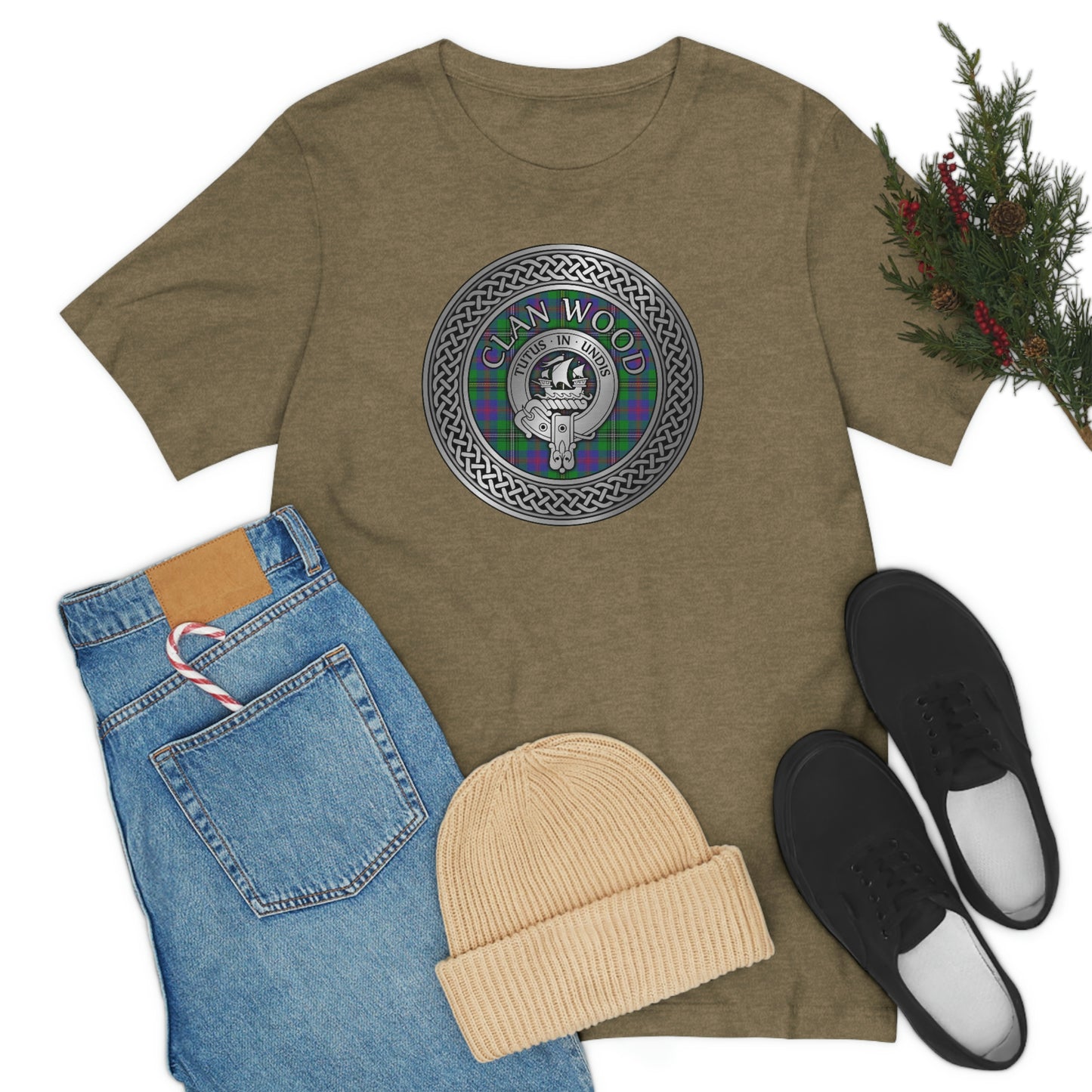 Clan Wood Tartan & Crest in Celtic Knot T-Shirt