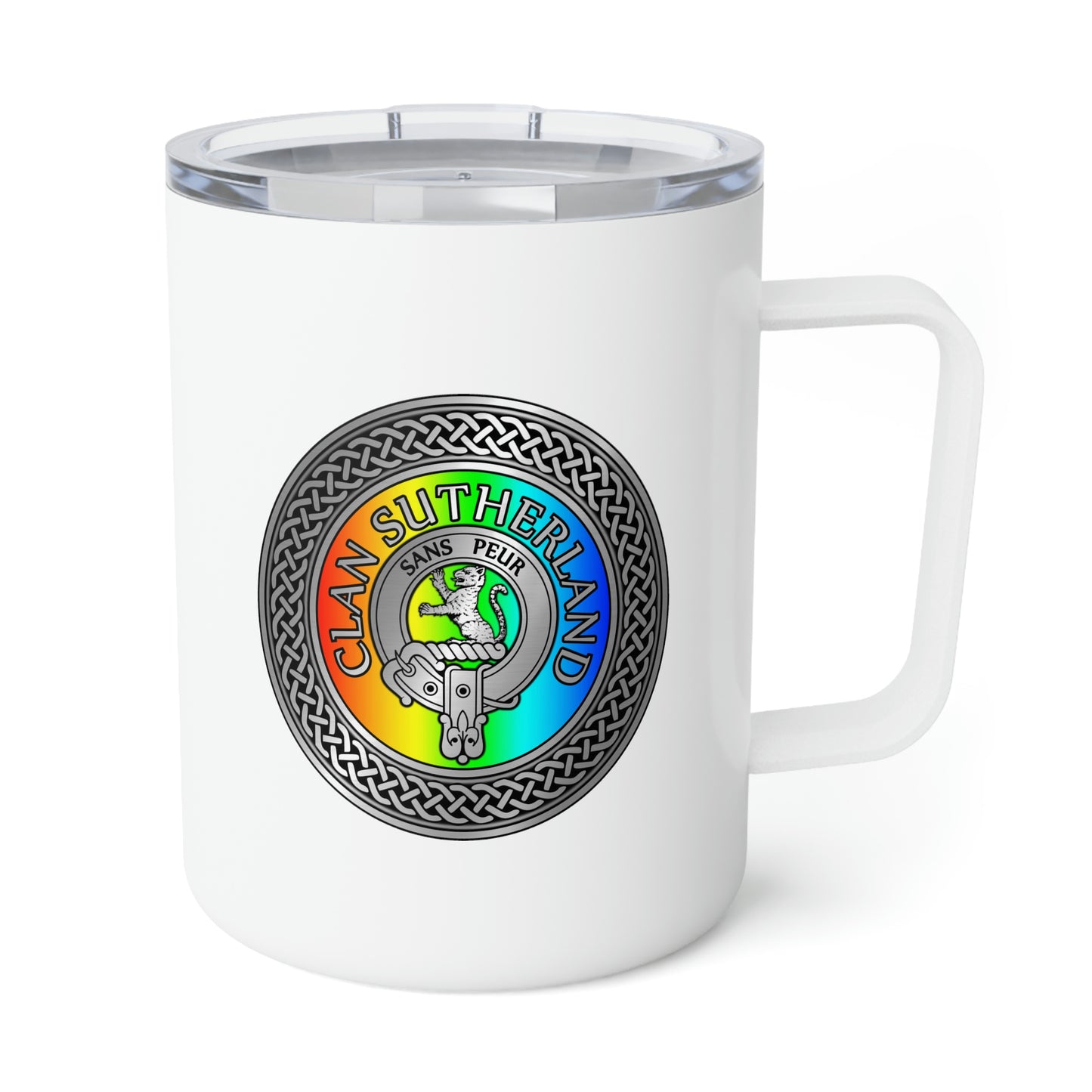 Clan Sutherland Crest & Rainbow Insulated Coffee Mug, 10oz