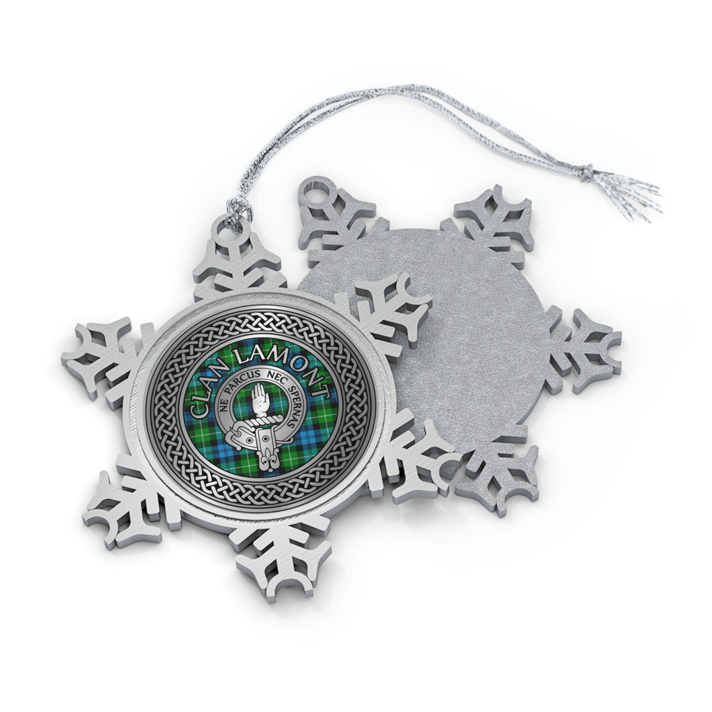 Clan Lamont Crest & Tartan Knot Pewter Snowflake Ornament