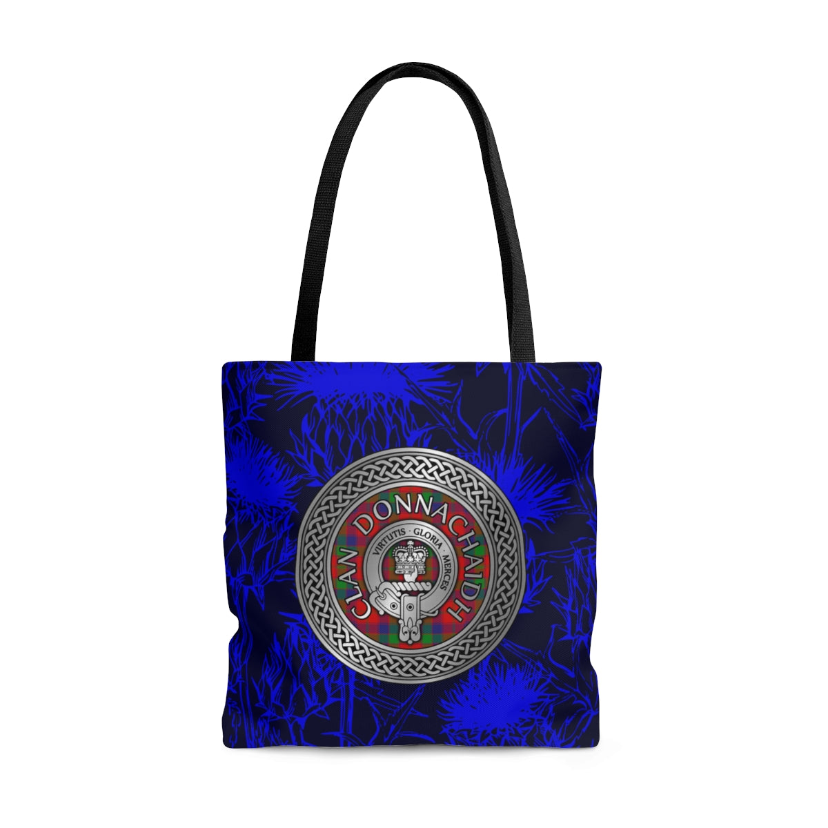 Clan Donnachaidh Crest & Tartan on Scottish Thistle AOP Tote Bag