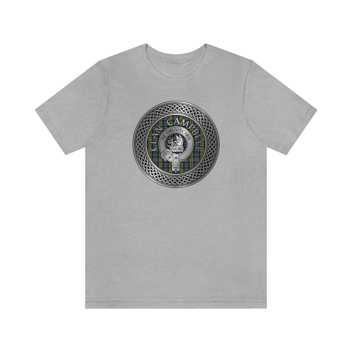 Clan Campbell Crest & Tartan in Celtic Knot T-Shirt