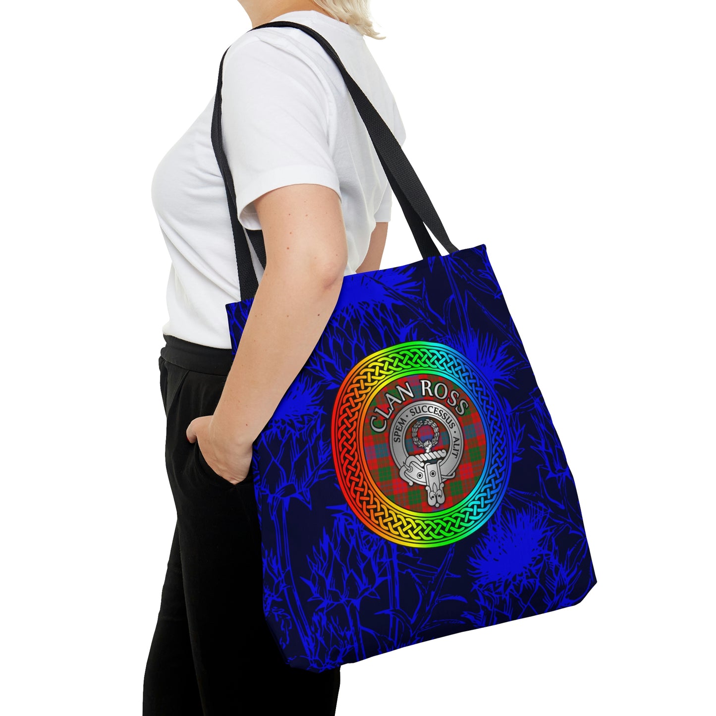 Clan Ross Crest & Tartan Rainbow Knot on Scottish Thistle AOP Tote Bag