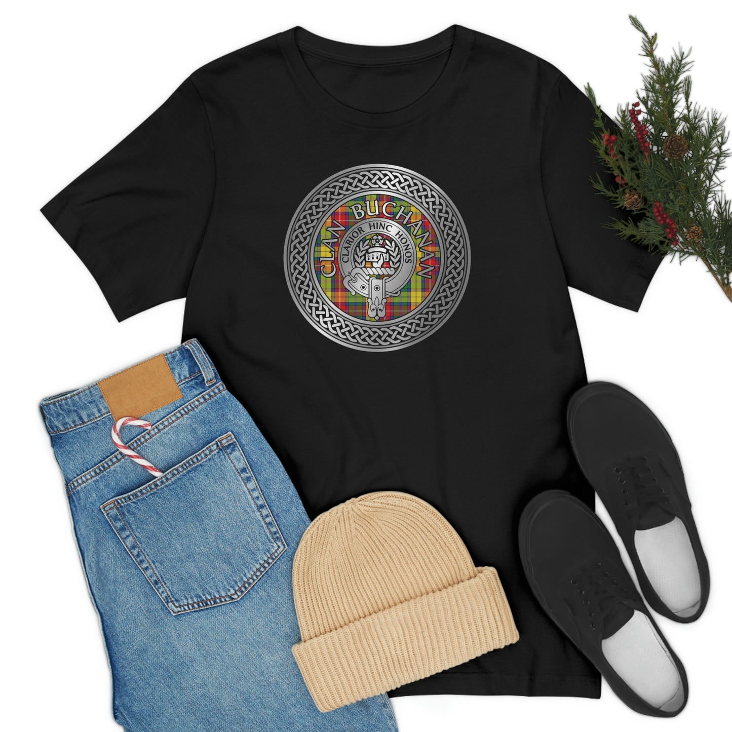 Clan Buchanan Tartan & Crest in Celtic Knot T-Shirt