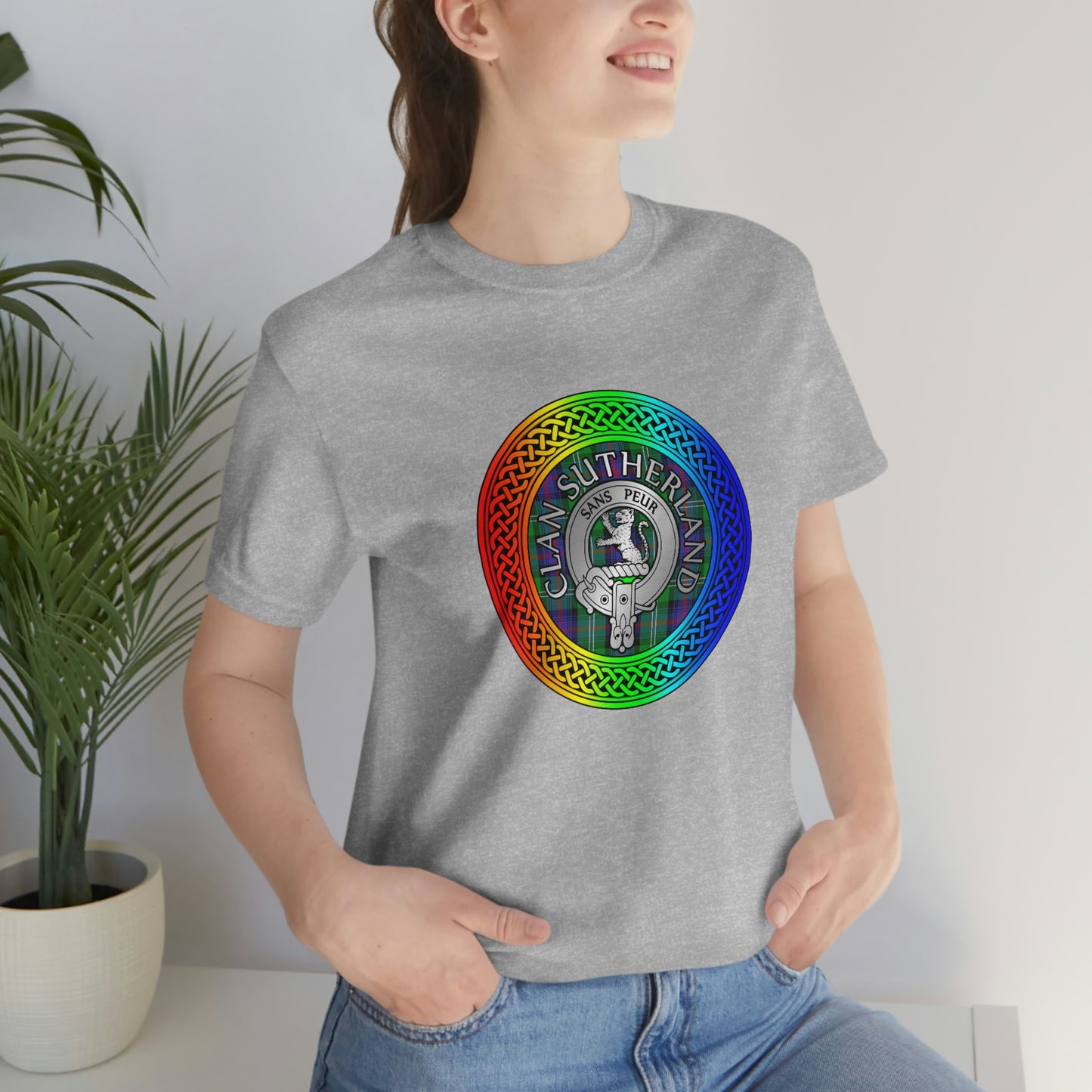 Clan Sutherland Crest & Tartan in Rainbow Knot T-Shirt