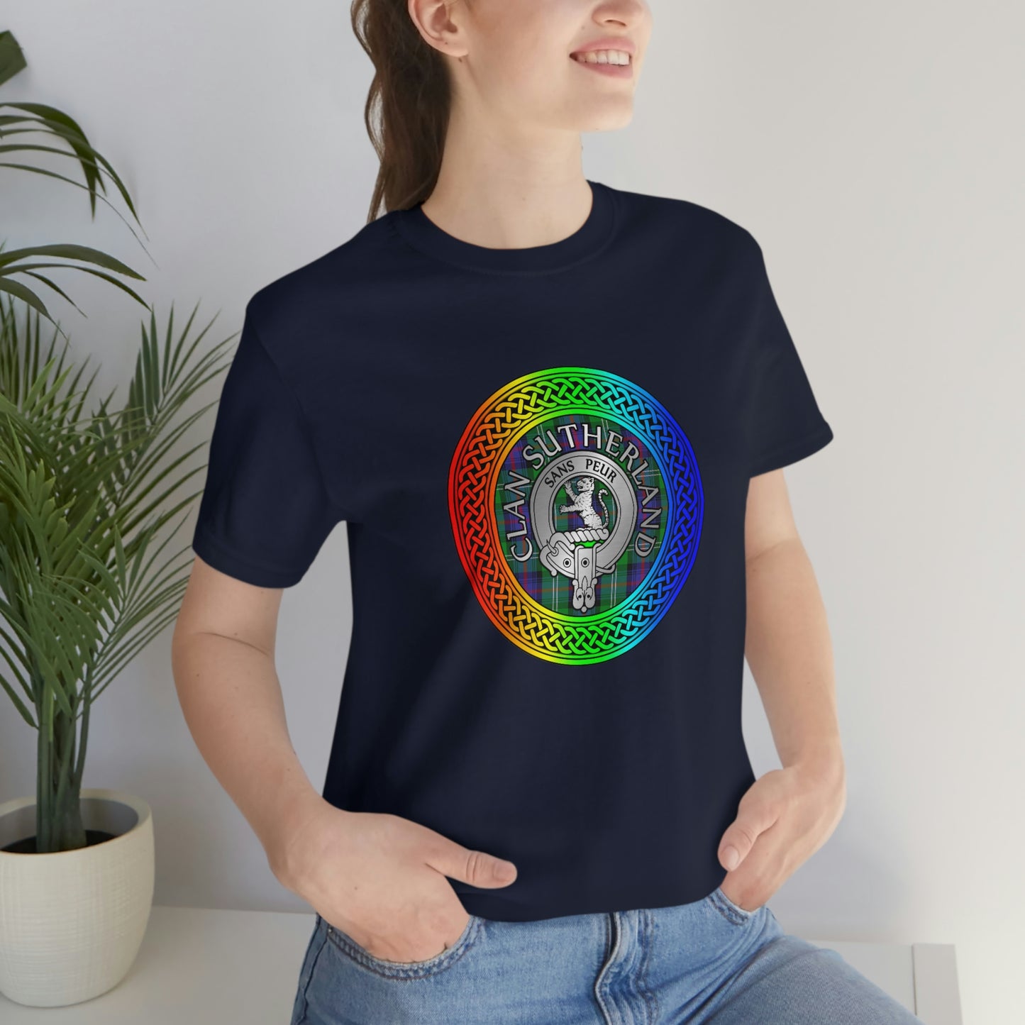 Clan Sutherland Crest & Tartan in Rainbow Knot T-Shirt