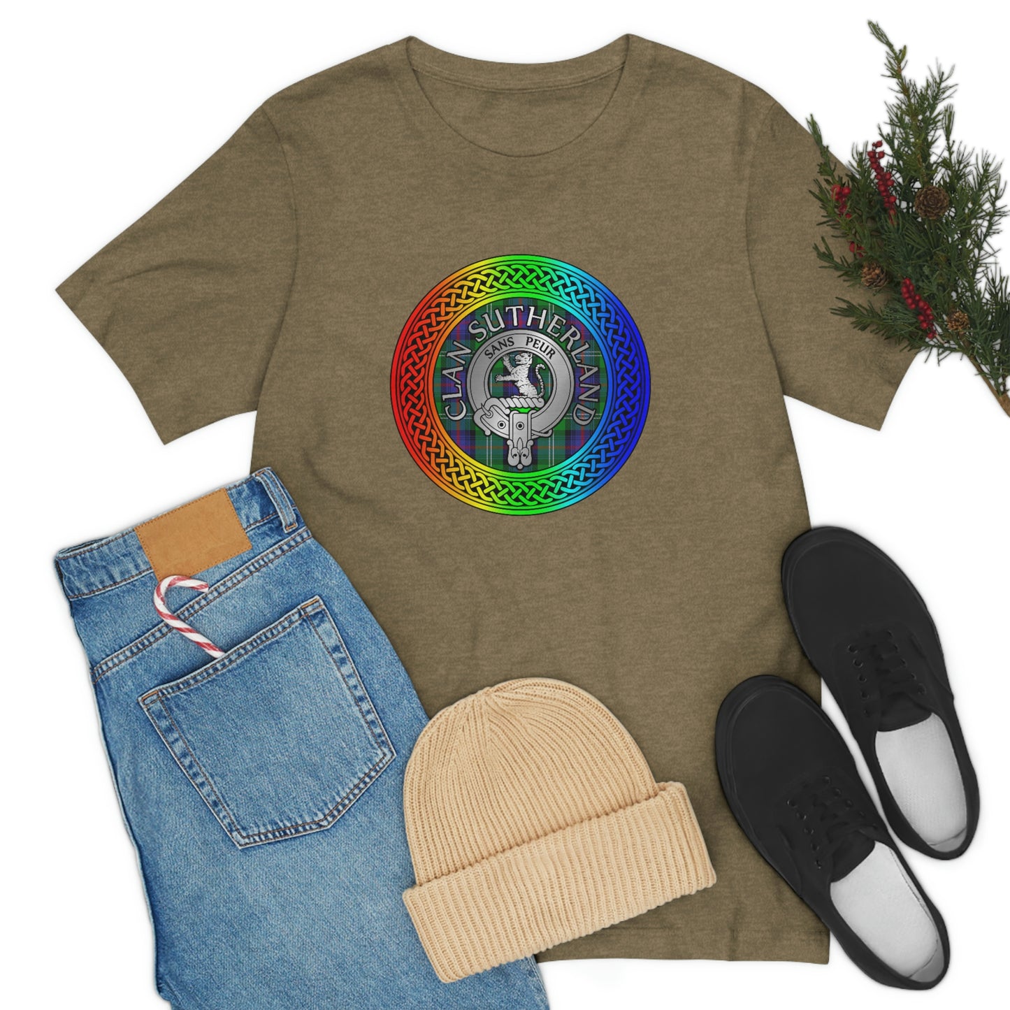 Clan Sutherland Crest & Tartan in Rainbow Knot T-Shirt