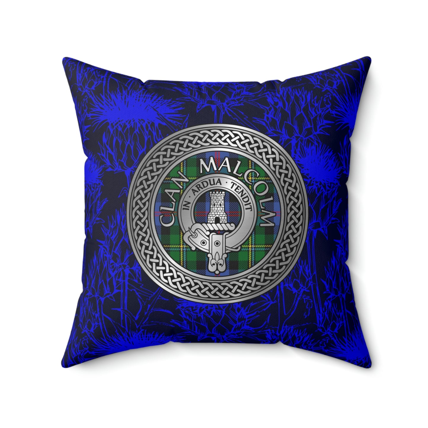 Clan Malcolm Crest & Tartan Knot Spun Polyester Square Pillow