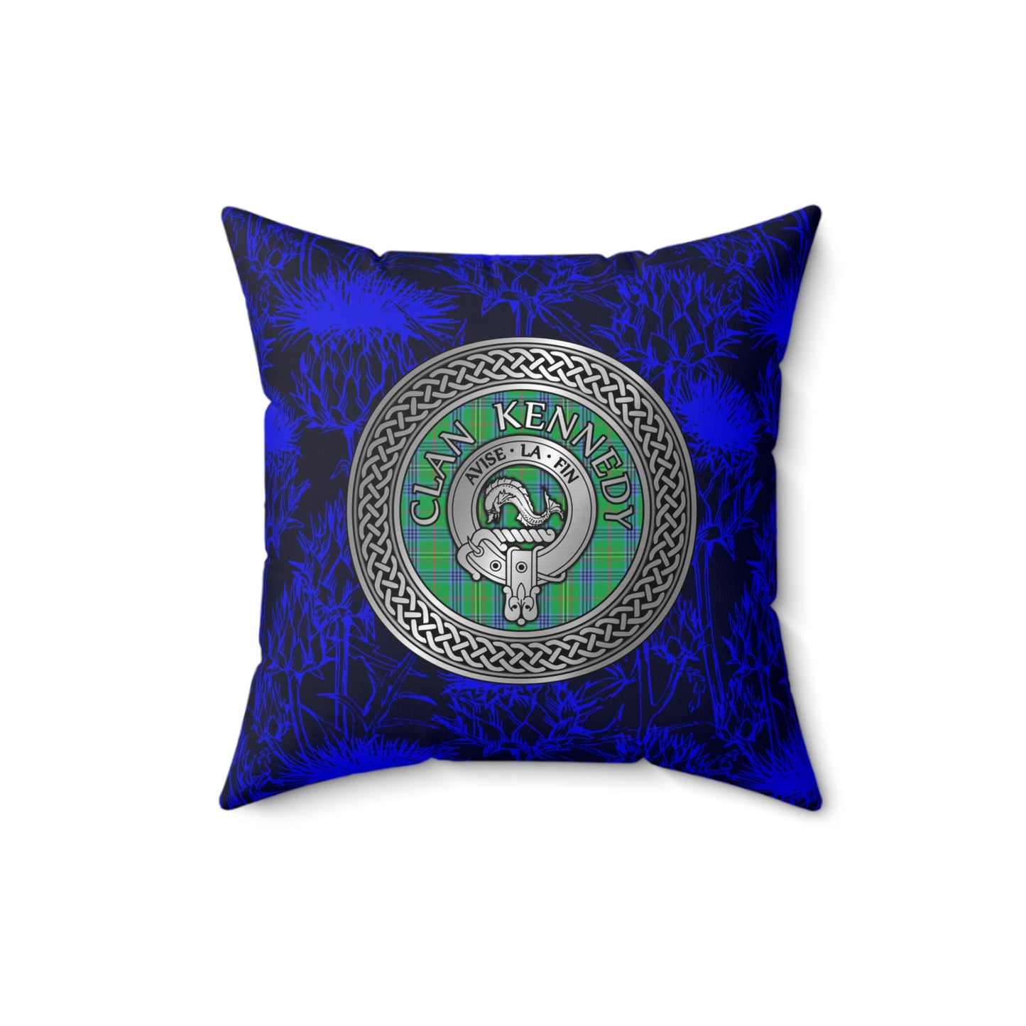 Clan Kennedy Crest & Tartan Knot Spun Polyester Square Pillow