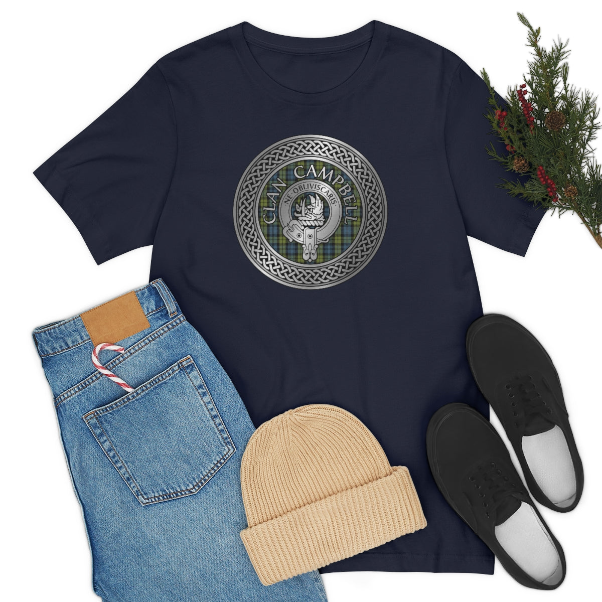 Clan Campbell Crest & Tartan in Celtic Knot T-Shirt